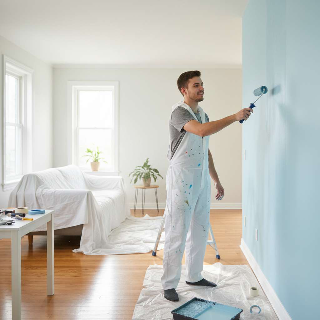 Detail work on a newly painted wall, ensuring a flawless finish.
